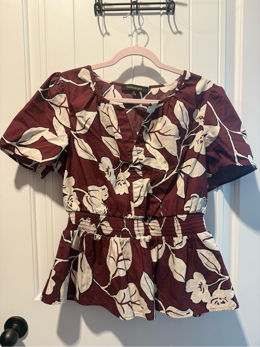Sugarlips Maroon Floral Peplum Top with Cream Leaf Print